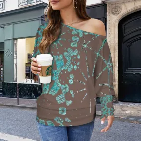 Batwing Long Sleeve Sweater Chocolate and Turquoise Graphic