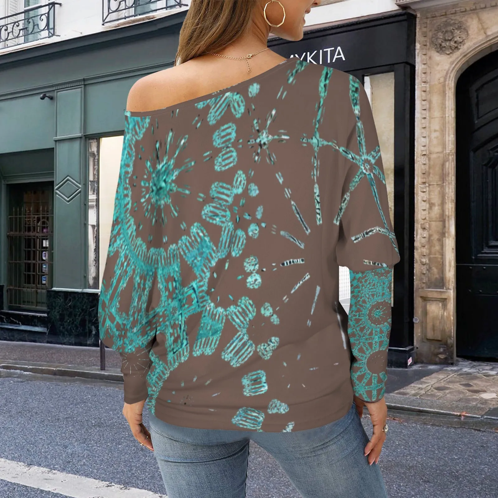 Batwing Long Sleeve Sweater Chocolate and Turquoise Graphic
