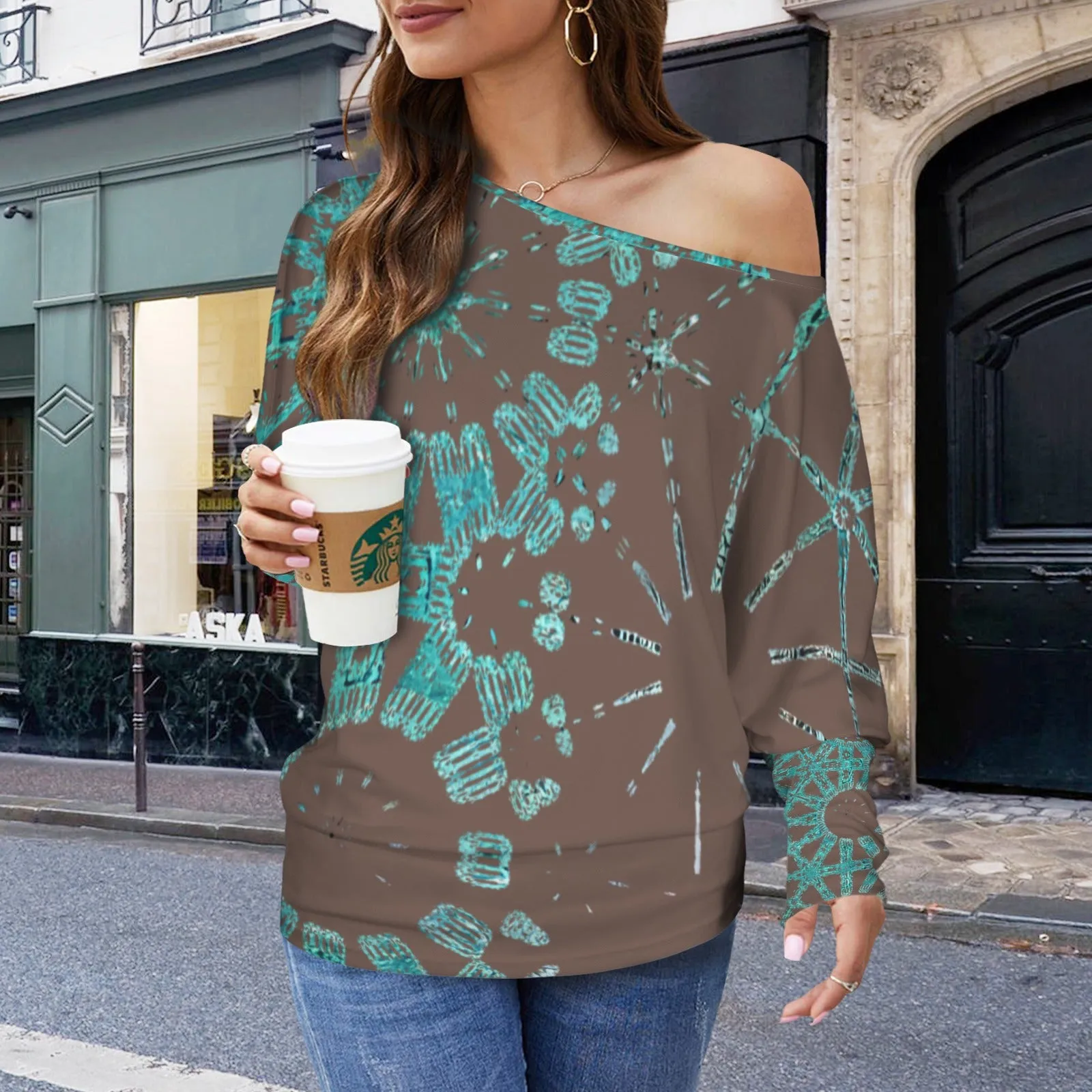 Batwing Long Sleeve Sweater Chocolate and Turquoise Graphic