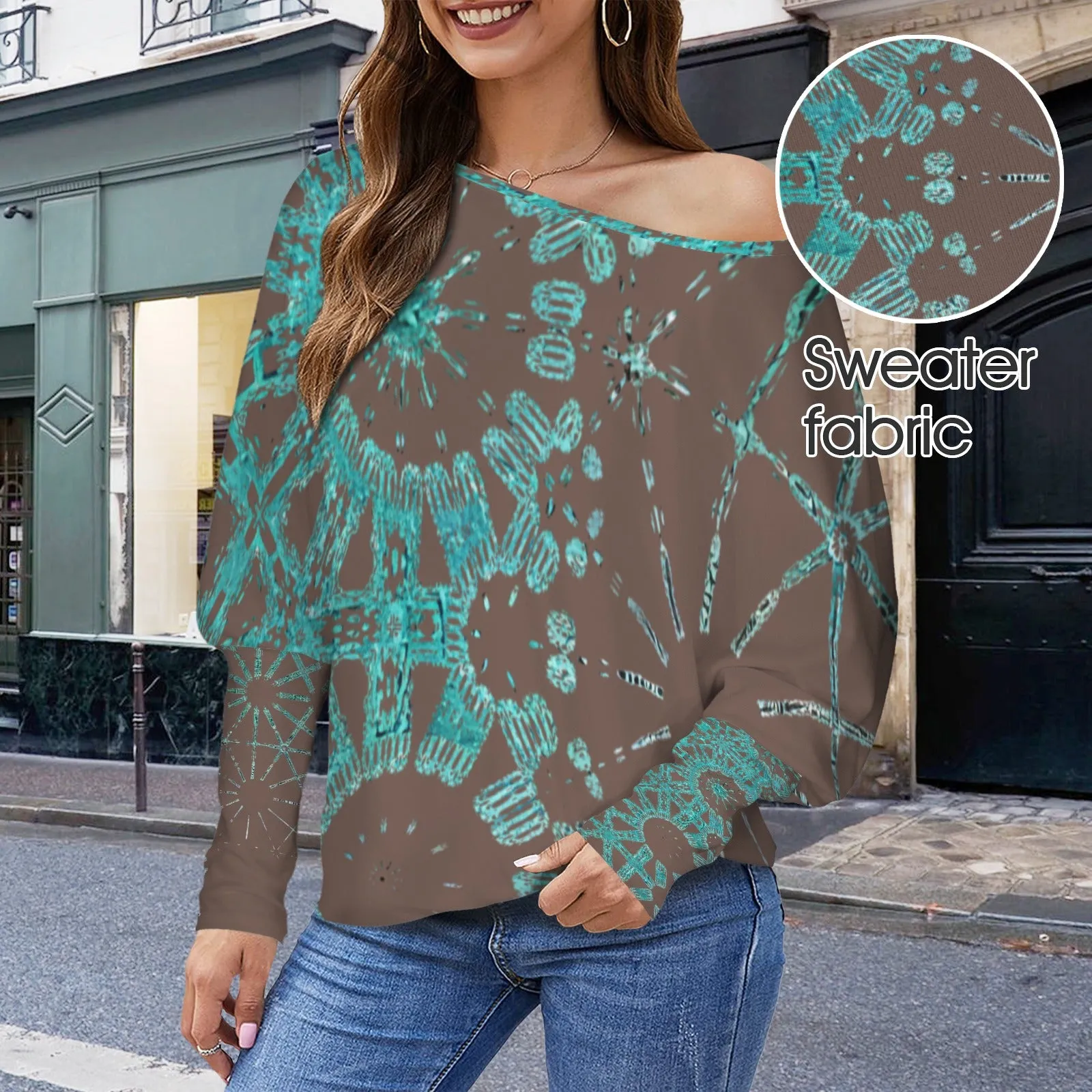Batwing Long Sleeve Sweater Chocolate and Turquoise Graphic