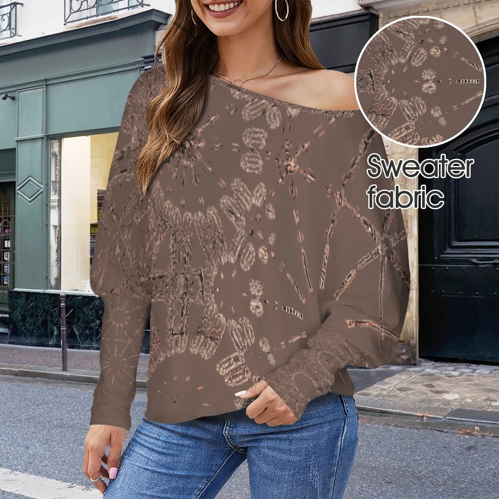 Batwing Long Sleeve Sweater Coffee and Copper Graphic