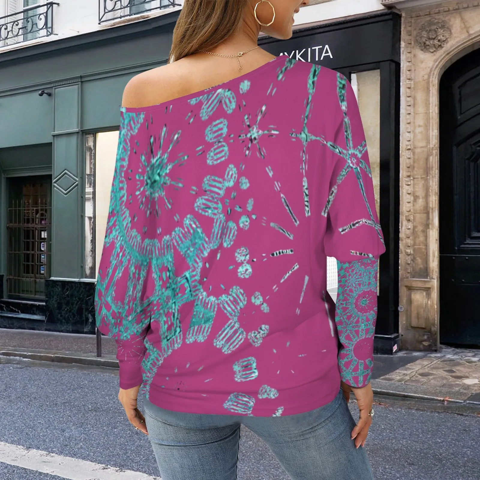 Batwing Long Sleeve Sweater Cranberry and Turquoise Graphic