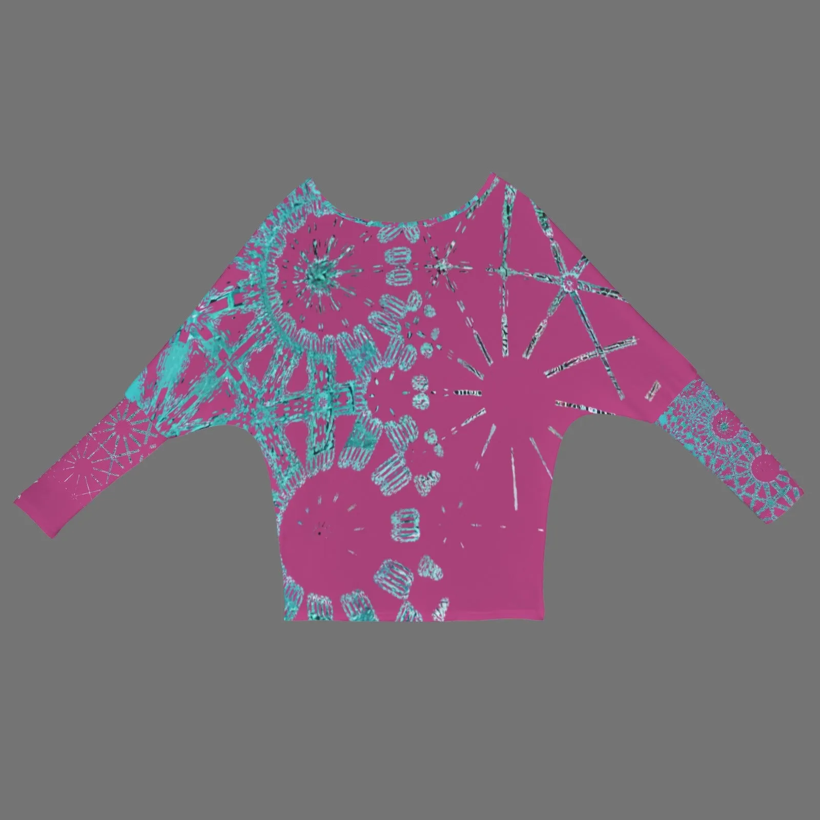 Batwing Long Sleeve Sweater Cranberry and Turquoise Graphic
