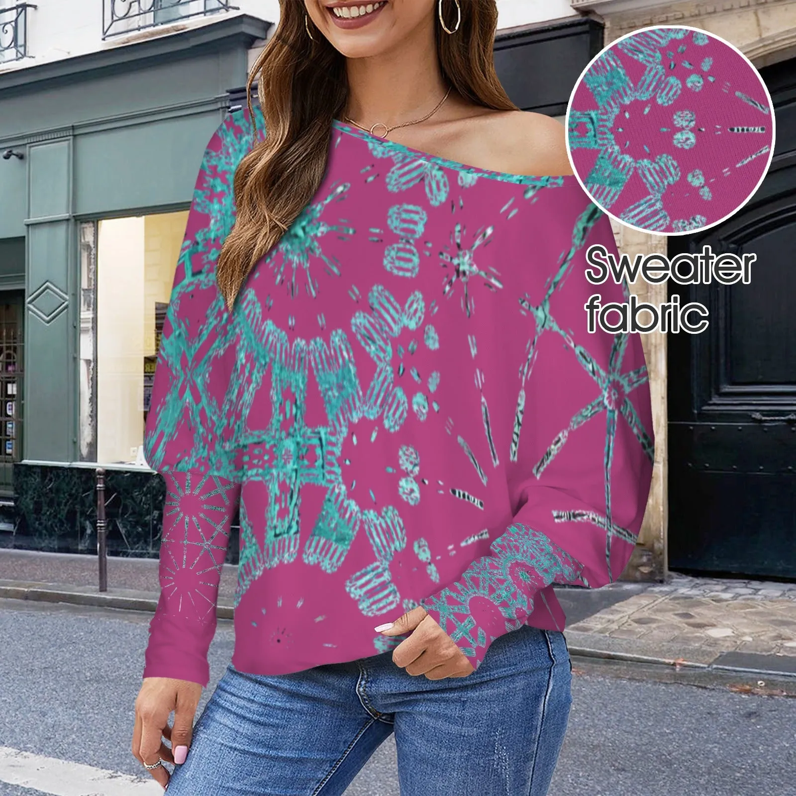 Batwing Long Sleeve Sweater Cranberry and Turquoise Graphic
