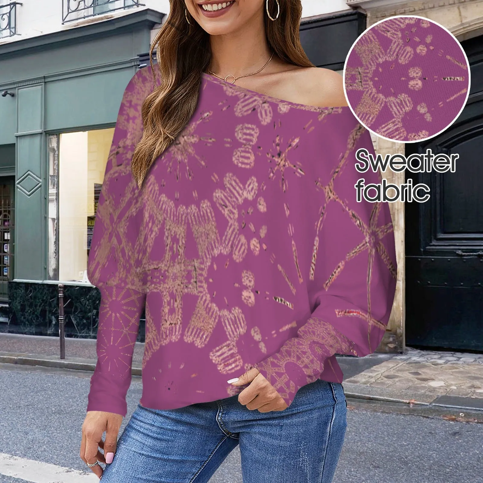 Batwing Sleeve Sweater Cranberry and Rose Gold Graphic