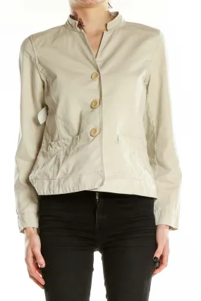 Beige Cotton Blend Mandarin Collar Jacket