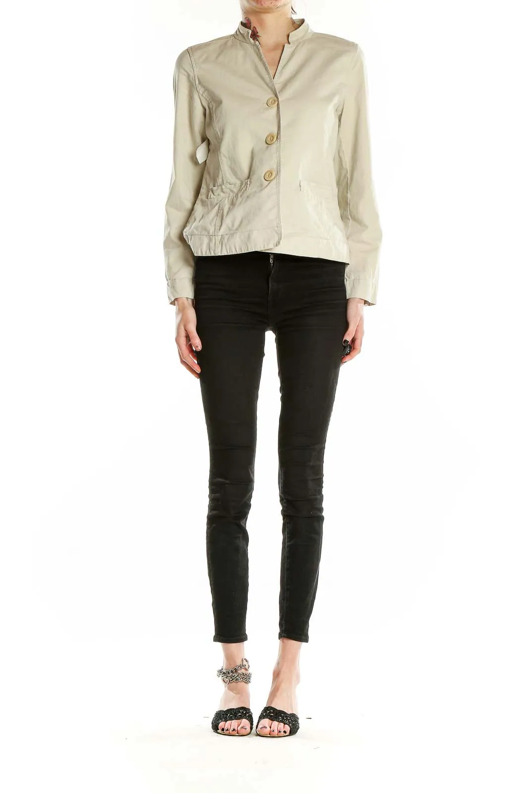 Beige Cotton Blend Mandarin Collar Jacket