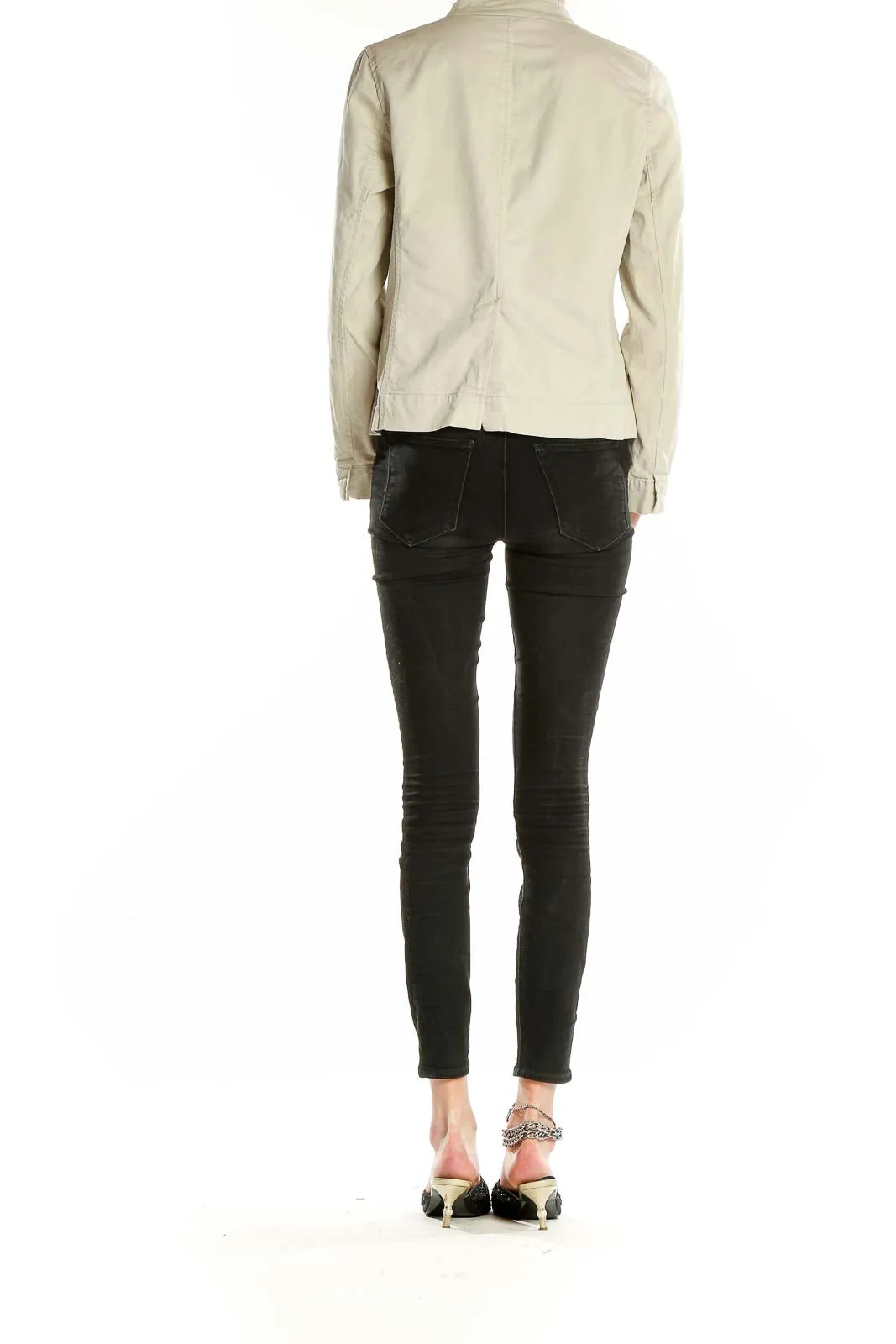 Beige Cotton Blend Mandarin Collar Jacket