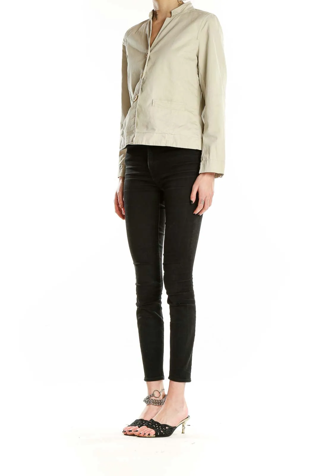 Beige Cotton Blend Mandarin Collar Jacket