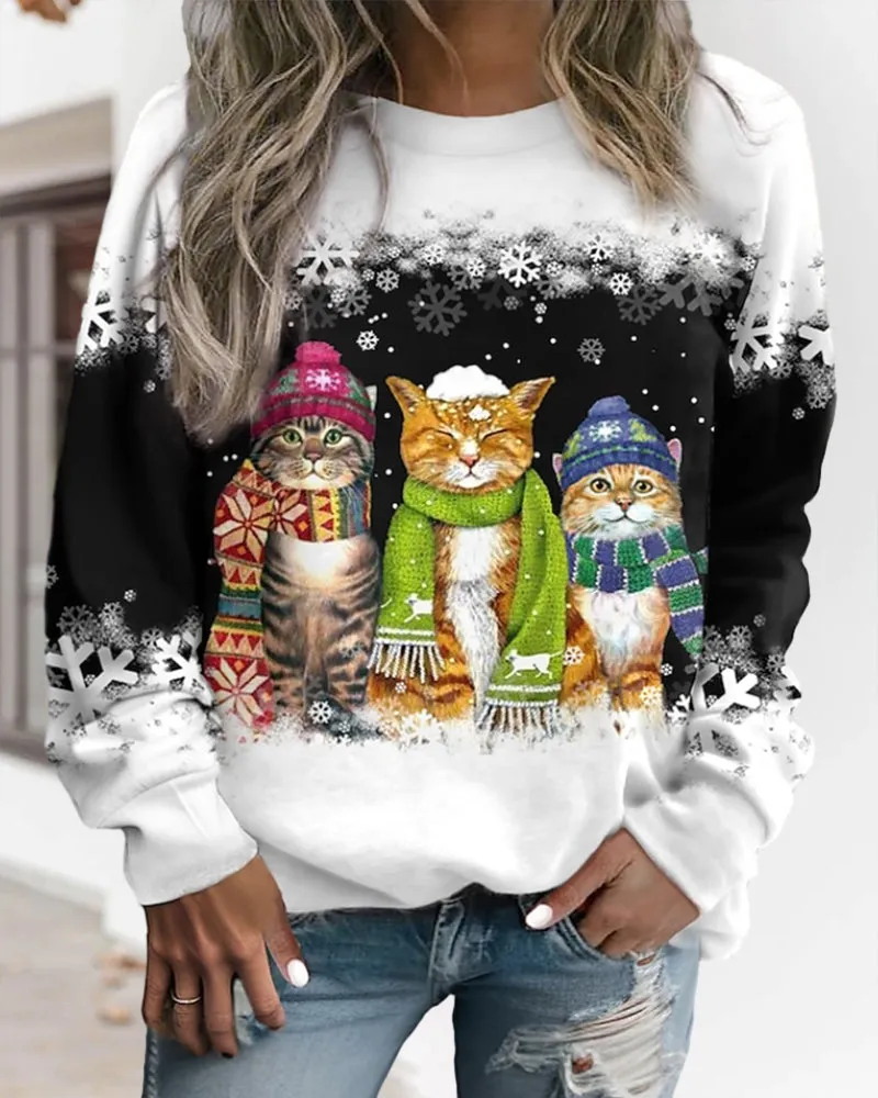 BerryBetty - Cat print round neck sweatshirt