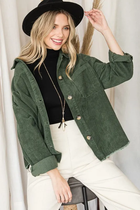 Chic Ribbed Velvet Button-Up Jacket with Pockets