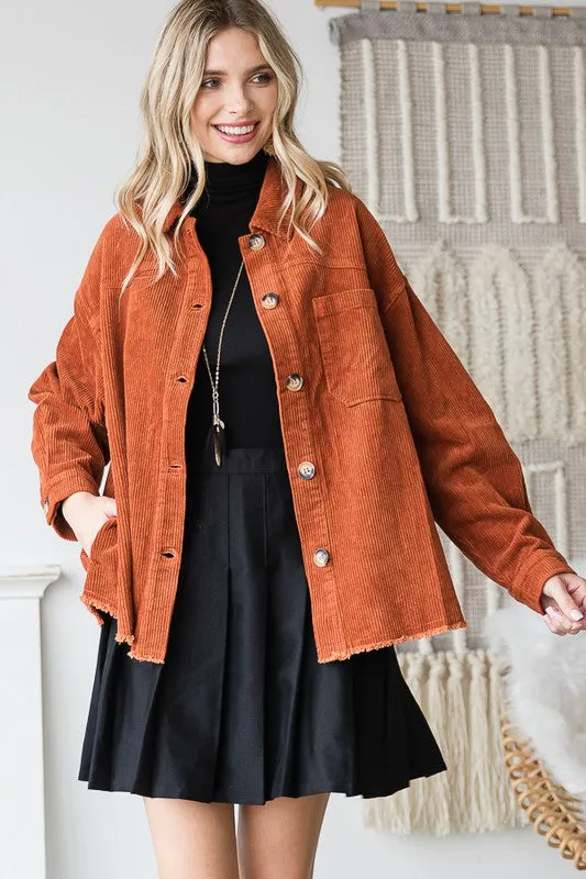 Chic Ribbed Velvet Button-Up Jacket with Pockets