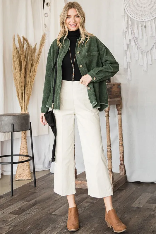 Chic Ribbed Velvet Button-Up Jacket with Pockets