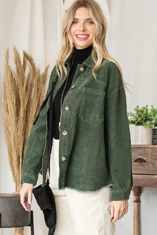 Chic Ribbed Velvet Button-Up Jacket with Pockets