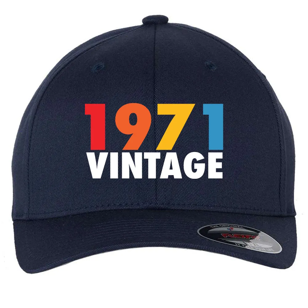 Customize Birth Year Birthday Retro Vintage 6 Panel Mid Profile Flexfit Closed Back Twill Cap - From Small to 2XL Big Size