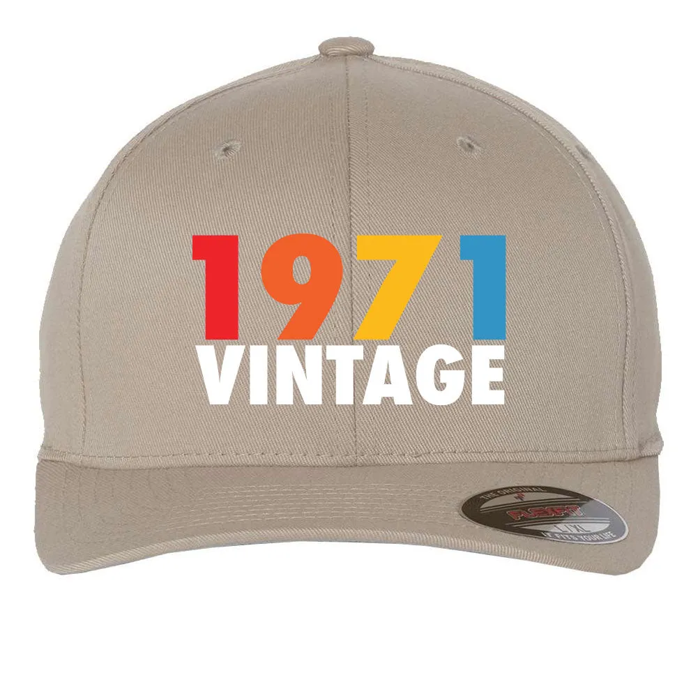 Customize Birth Year Birthday Retro Vintage 6 Panel Mid Profile Flexfit Closed Back Twill Cap - From Small to 2XL Big Size