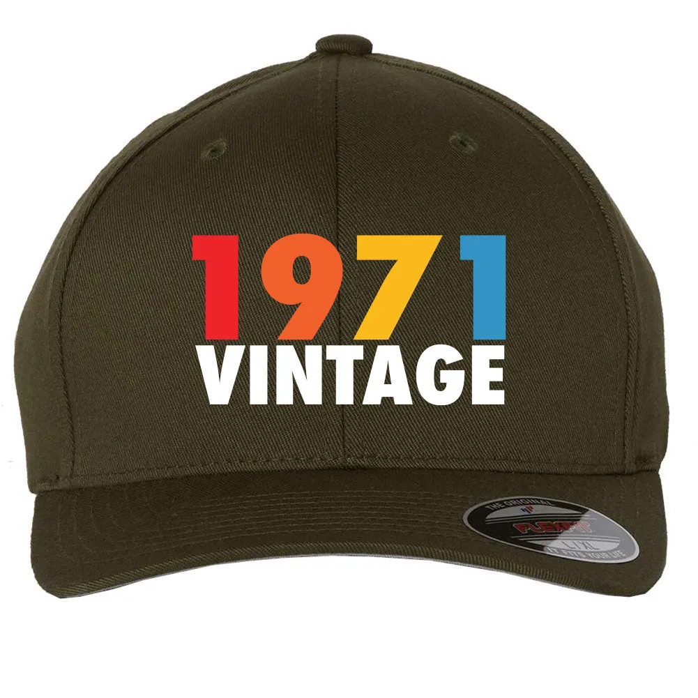 Customize Birth Year Birthday Retro Vintage 6 Panel Mid Profile Flexfit Closed Back Twill Cap - From Small to 2XL Big Size