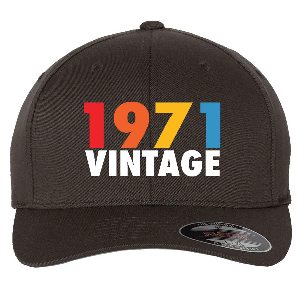 Customize Birth Year Birthday Retro Vintage 6 Panel Mid Profile Flexfit Closed Back Twill Cap - From Small to 2XL Big Size