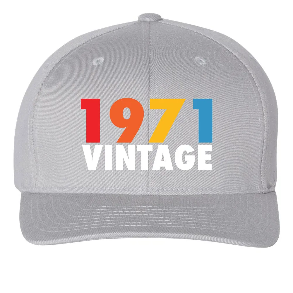 Customize Birth Year Birthday Retro Vintage 6 Panel Mid Profile Flexfit Closed Back Twill Cap - From Small to 2XL Big Size
