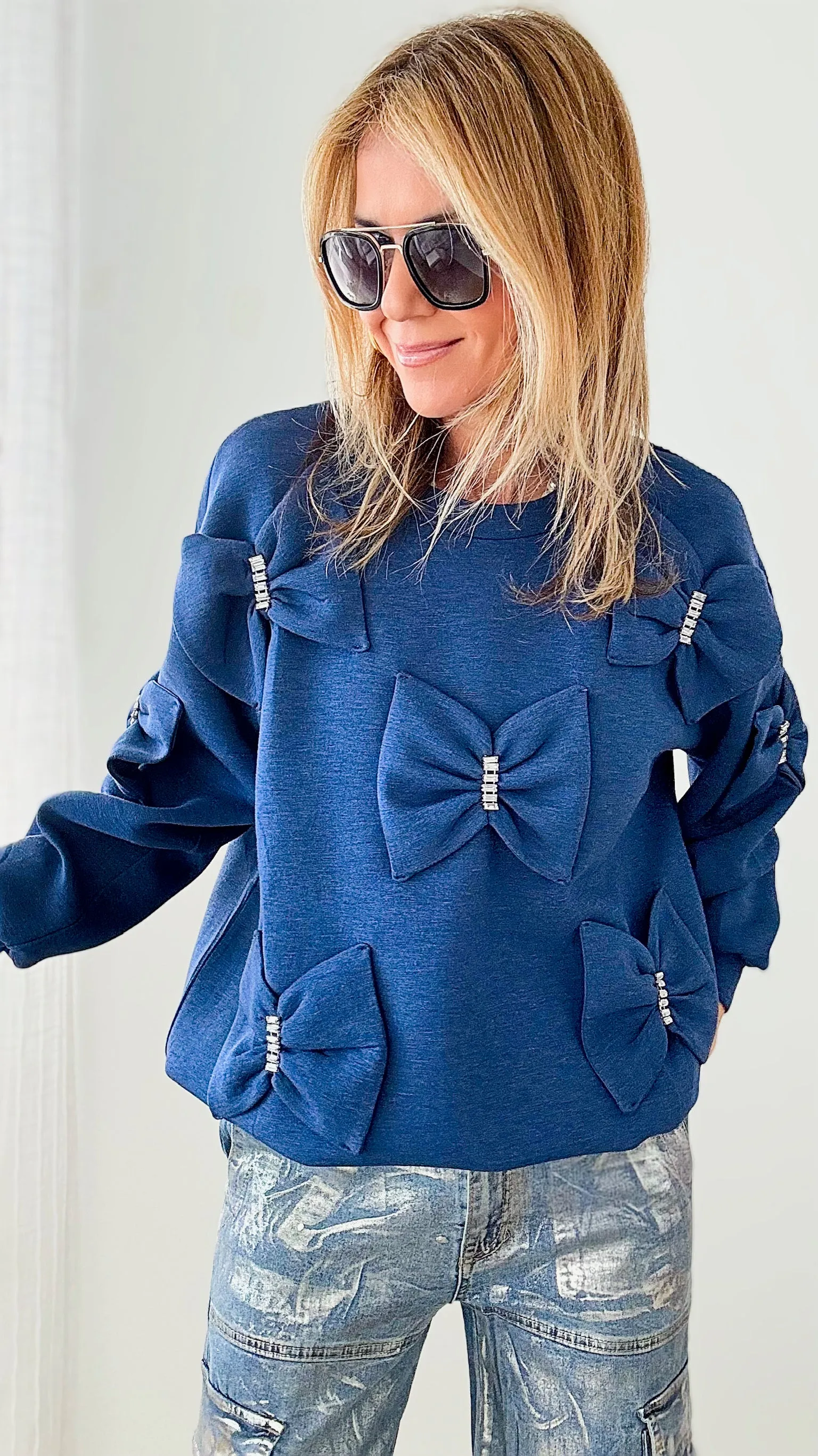 Fiora French Scuba Ribbon-Bow Sweatshirt - Denim Blue