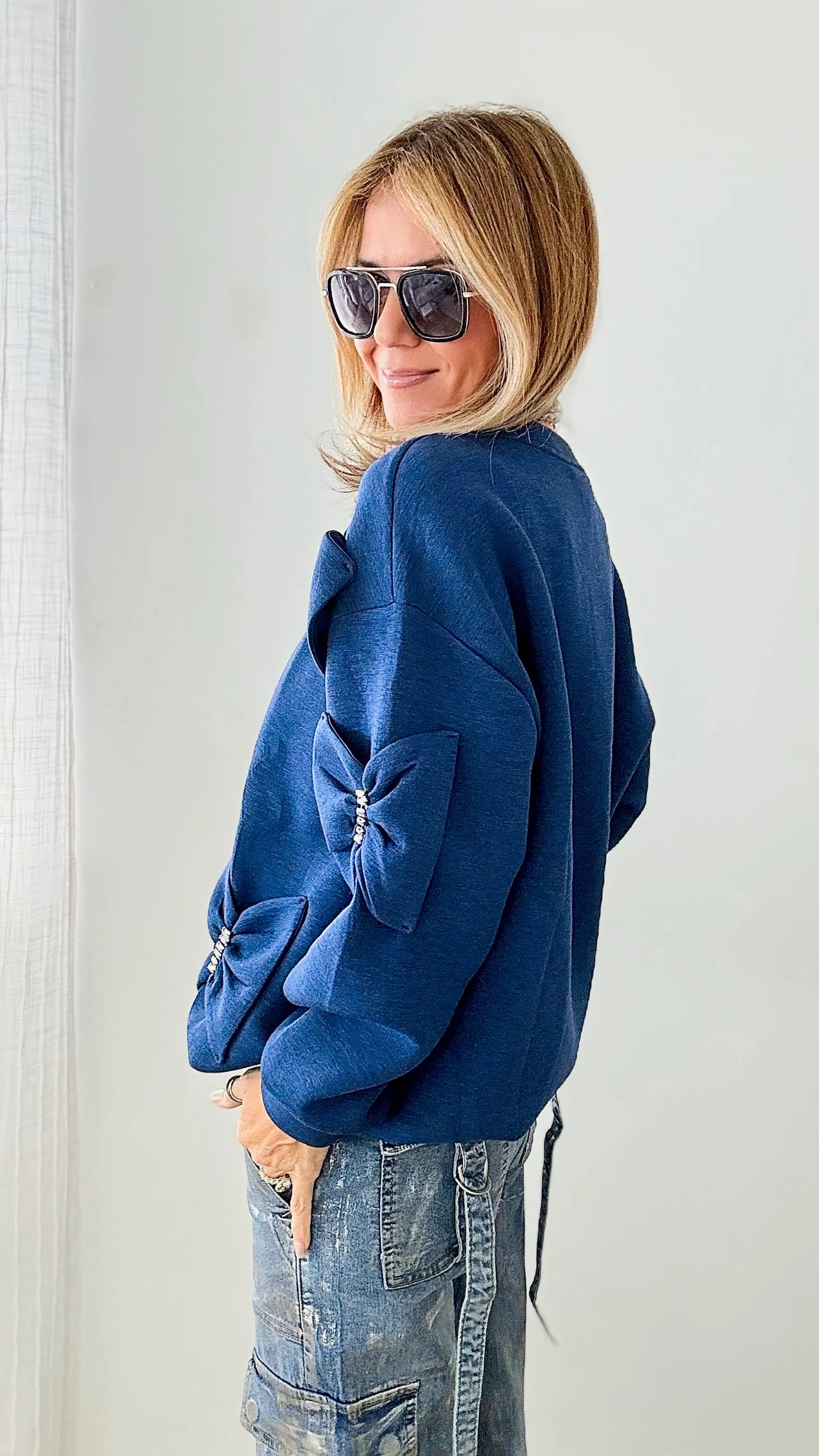 Fiora French Scuba Ribbon-Bow Sweatshirt - Denim Blue