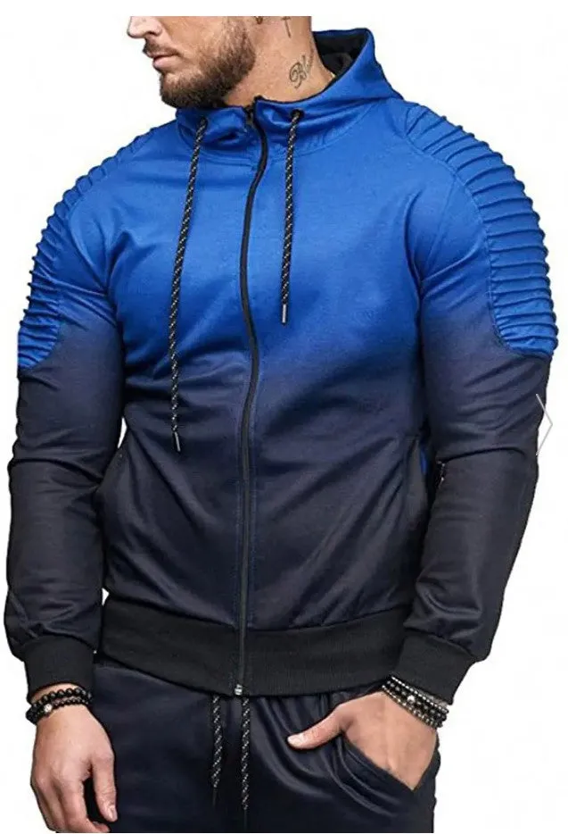 Gradient Print Shoulder Pleated Sports Zip Hoodie
