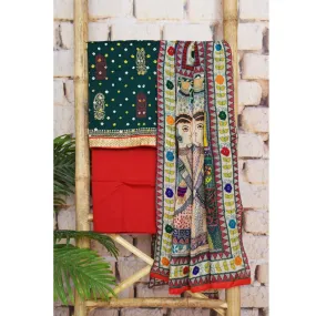 Green Bandhani Cotton Unstitched Suit with Madhubani dupatta