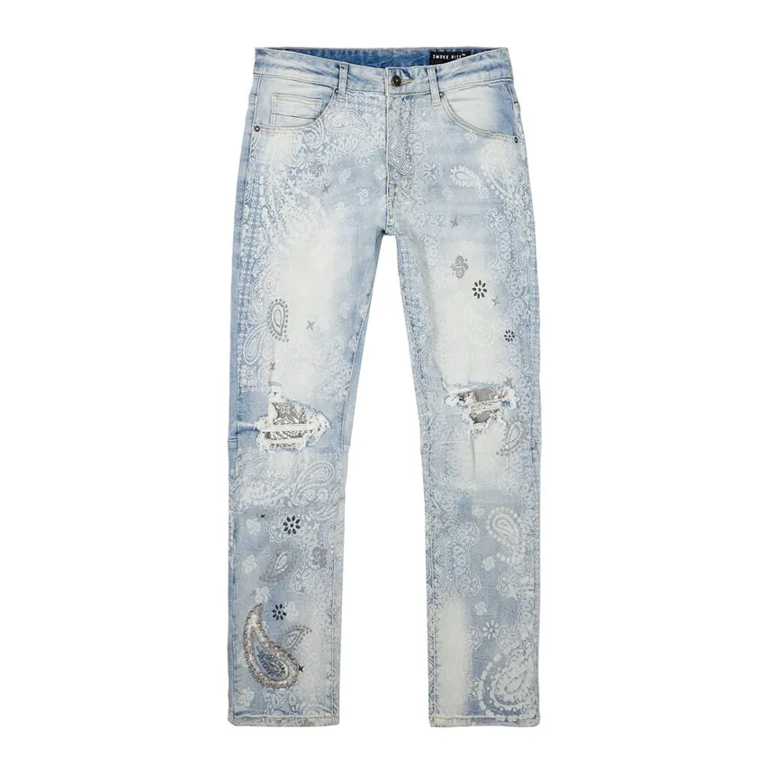 Laser Print Paisley Jeans - Sherman Blue