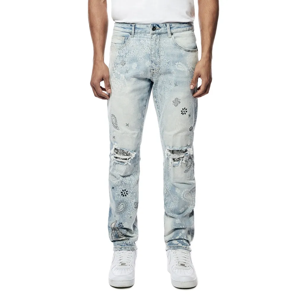 Laser Print Paisley Jeans - Sherman Blue