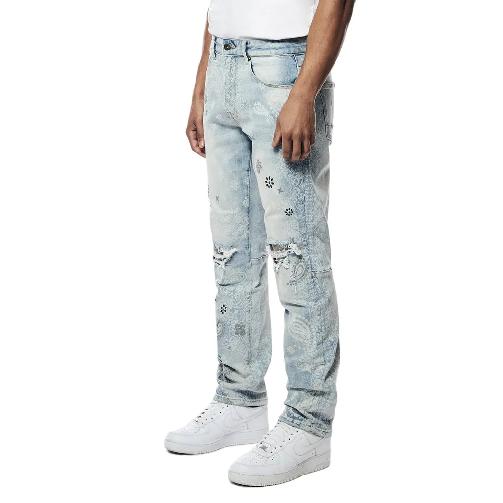 Laser Print Paisley Jeans - Sherman Blue