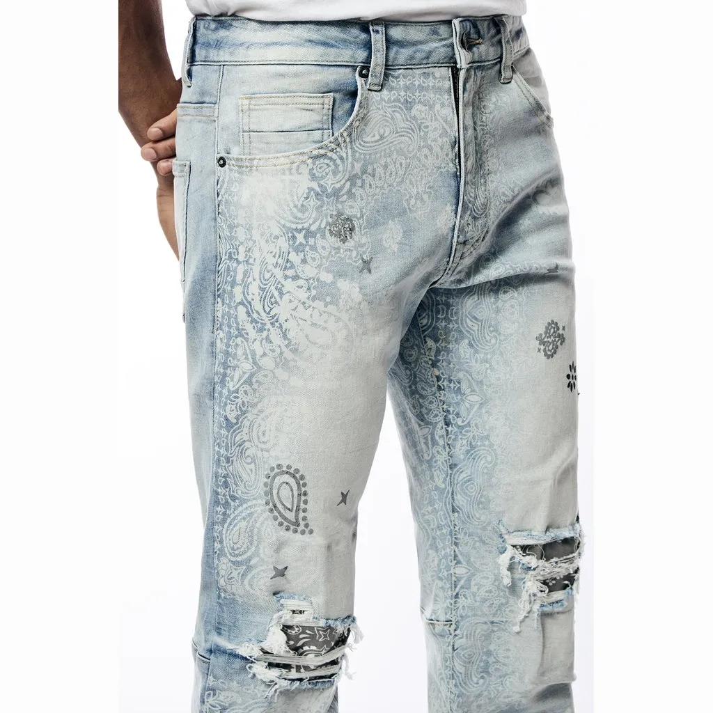 Laser Print Paisley Jeans - Sherman Blue