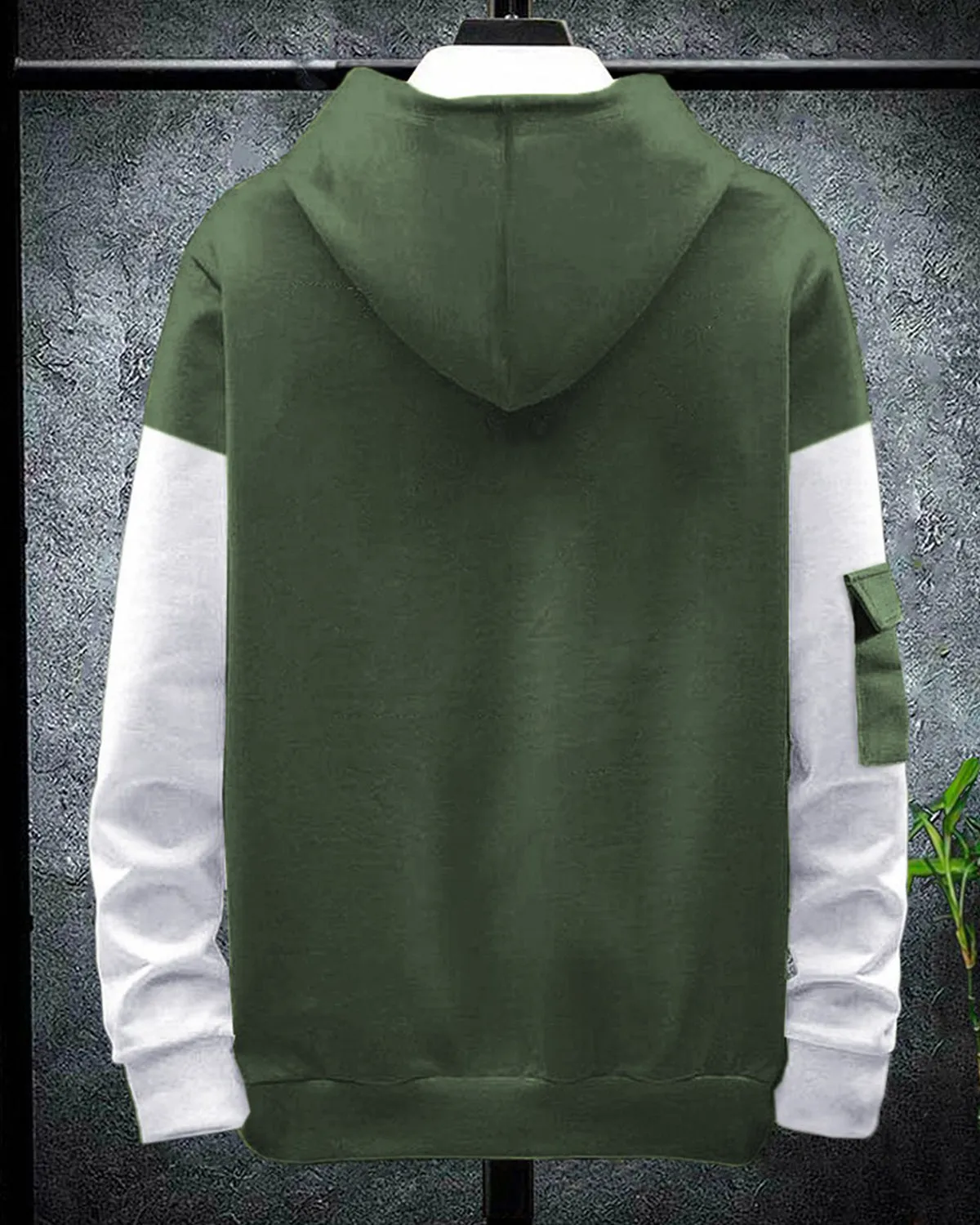 Mens Olive Green and White Hooded Sweatshirt