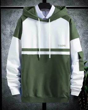 Mens Olive Green and White Hooded Sweatshirt