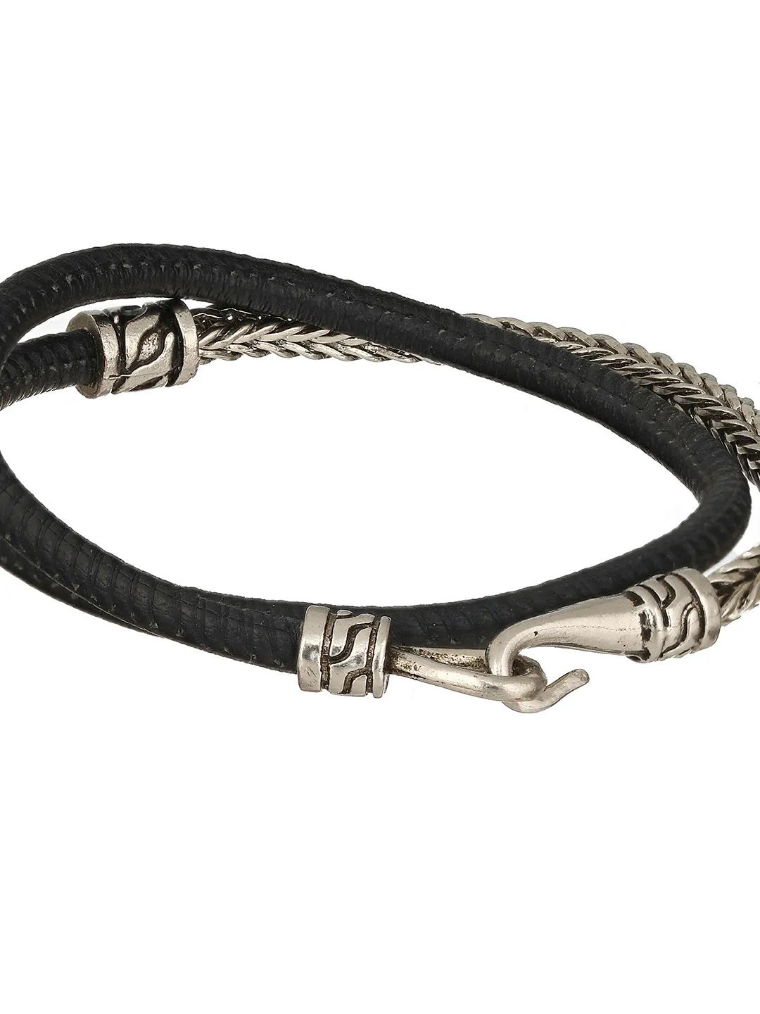 Men Silver Toned Black Wraparound Bracelet
