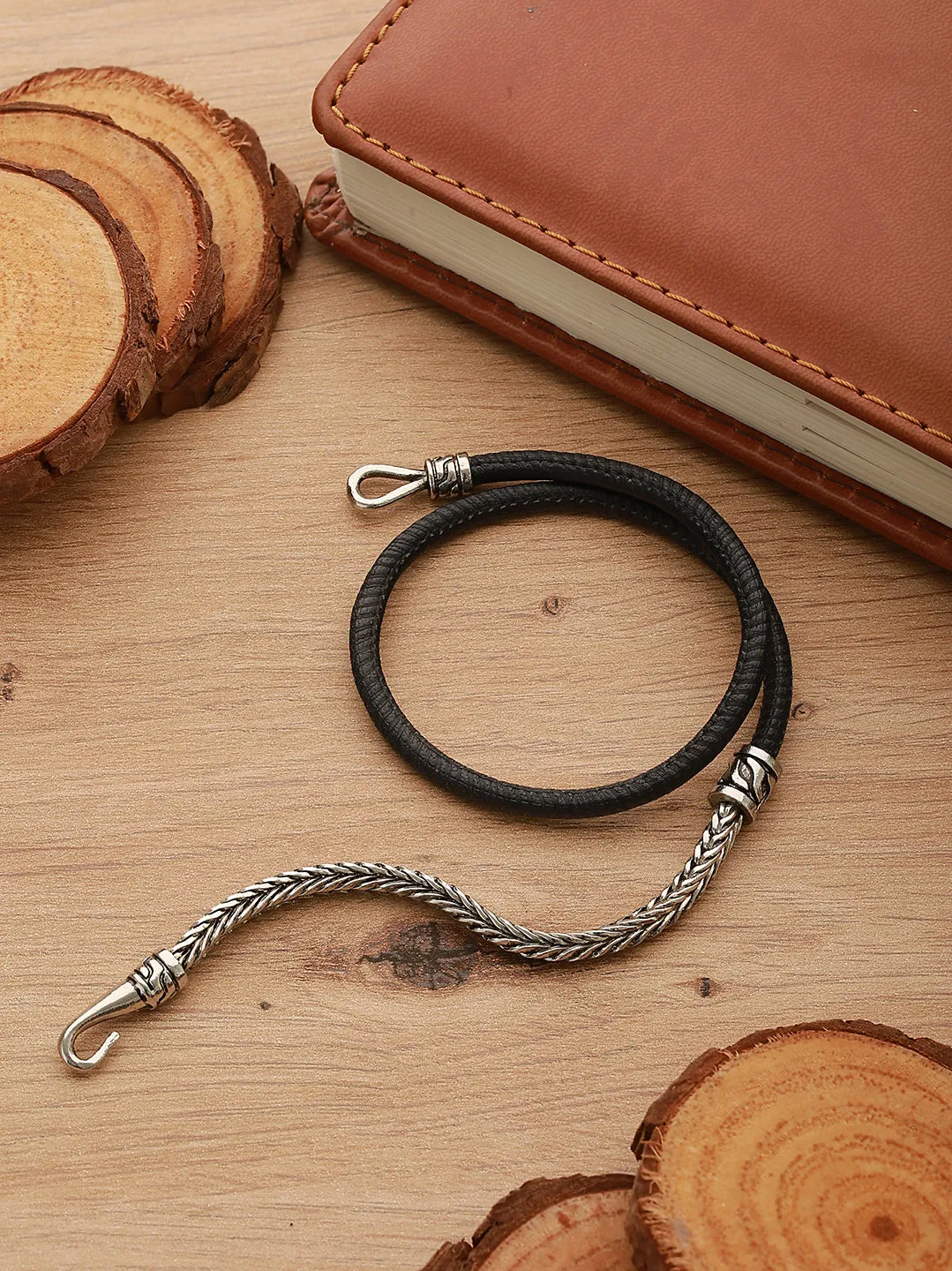 Men Silver Toned Black Wraparound Bracelet