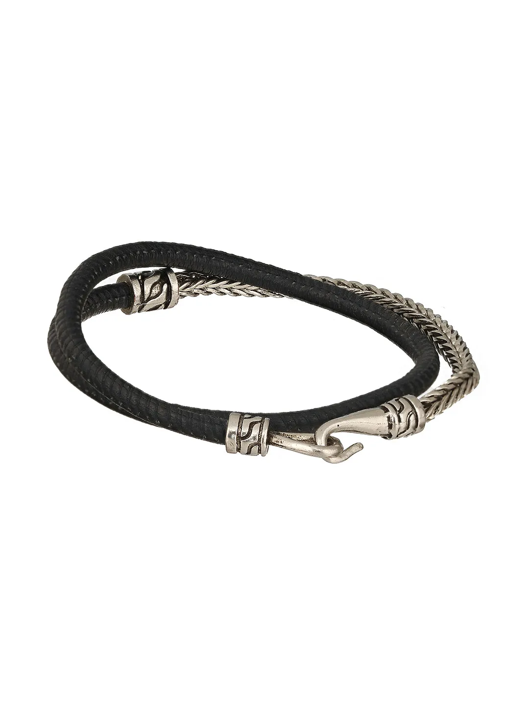 Men Silver Toned Black Wraparound Bracelet
