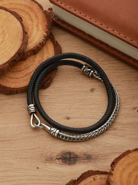 Men Silver Toned Black Wraparound Bracelet