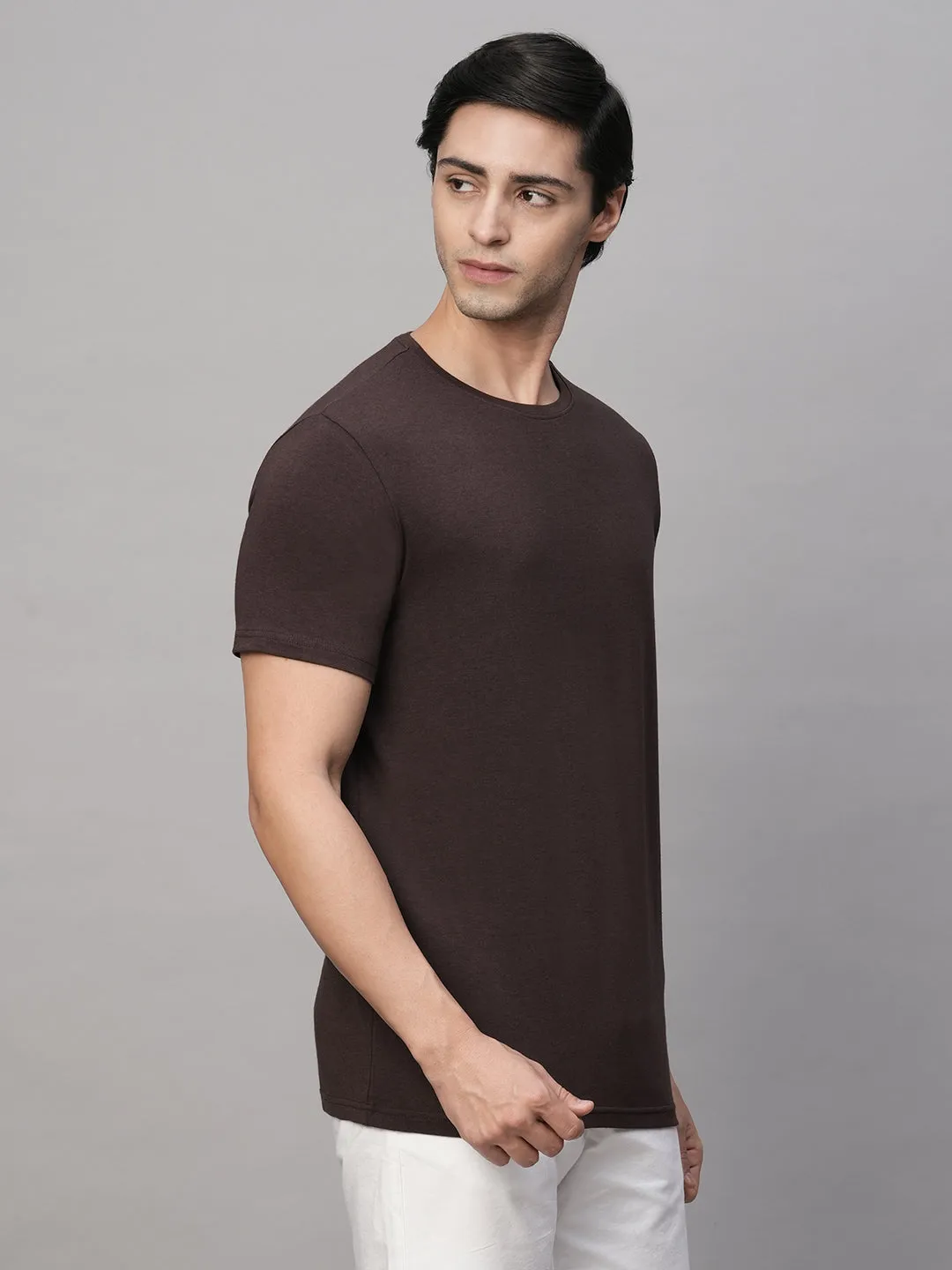 Men's Dark Brown Cotton Bamboo Elastane Regular Fit Tshirt