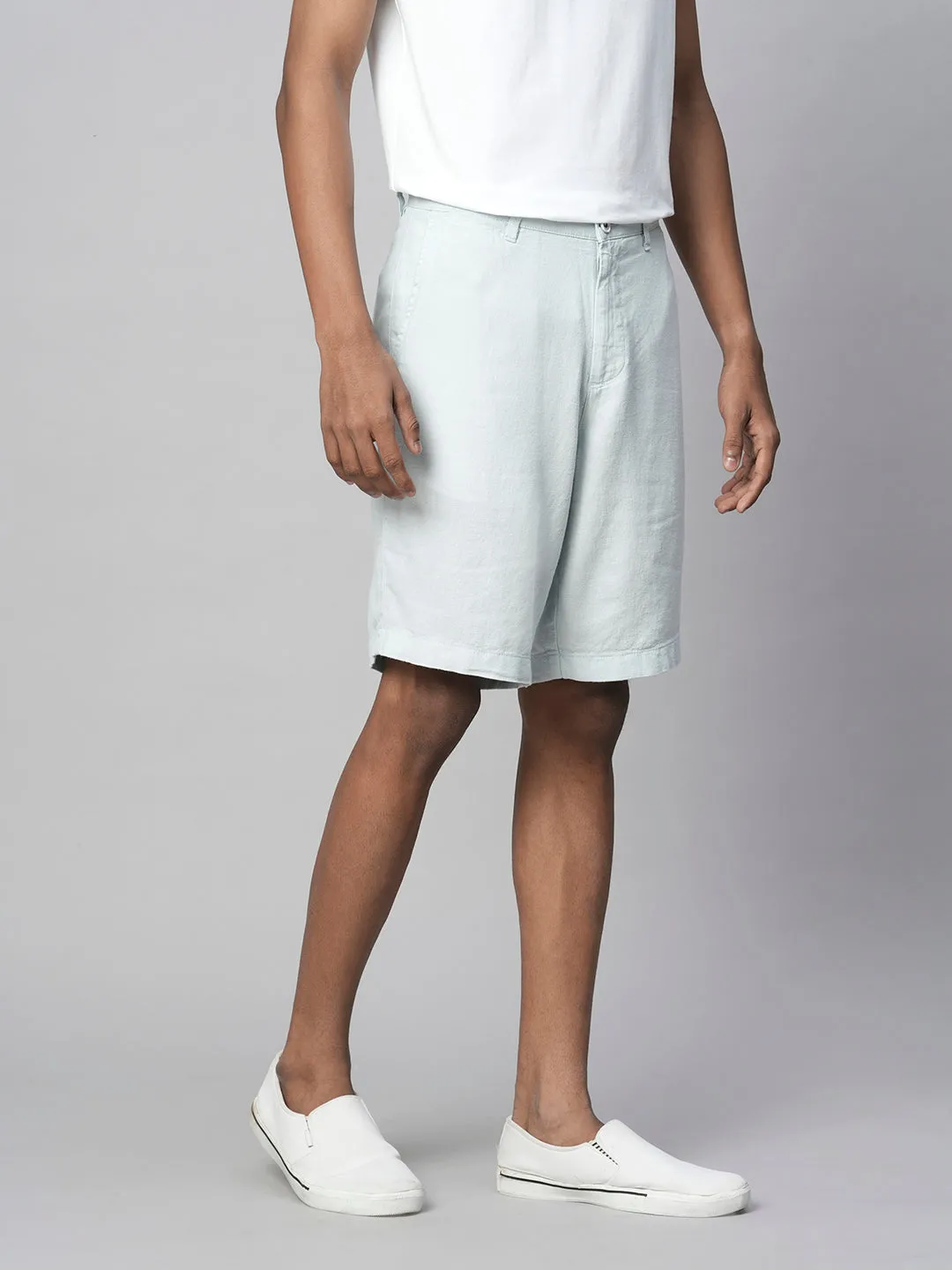 Men's Light Blue Linen Viscose  Regular Fit Shorts