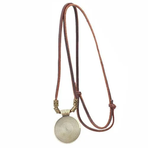 Men's - Women's Retro Alloy Disk Pendent Charm Leather Cord Necklace Jewelry