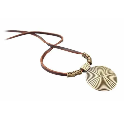 Men's - Women's Retro Alloy Disk Pendent Charm Leather Cord Necklace Jewelry