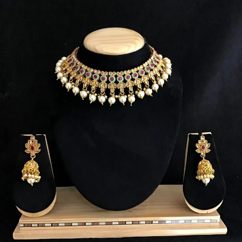 Mint Green Ruby Gold Look Necklace Set 3659-35927