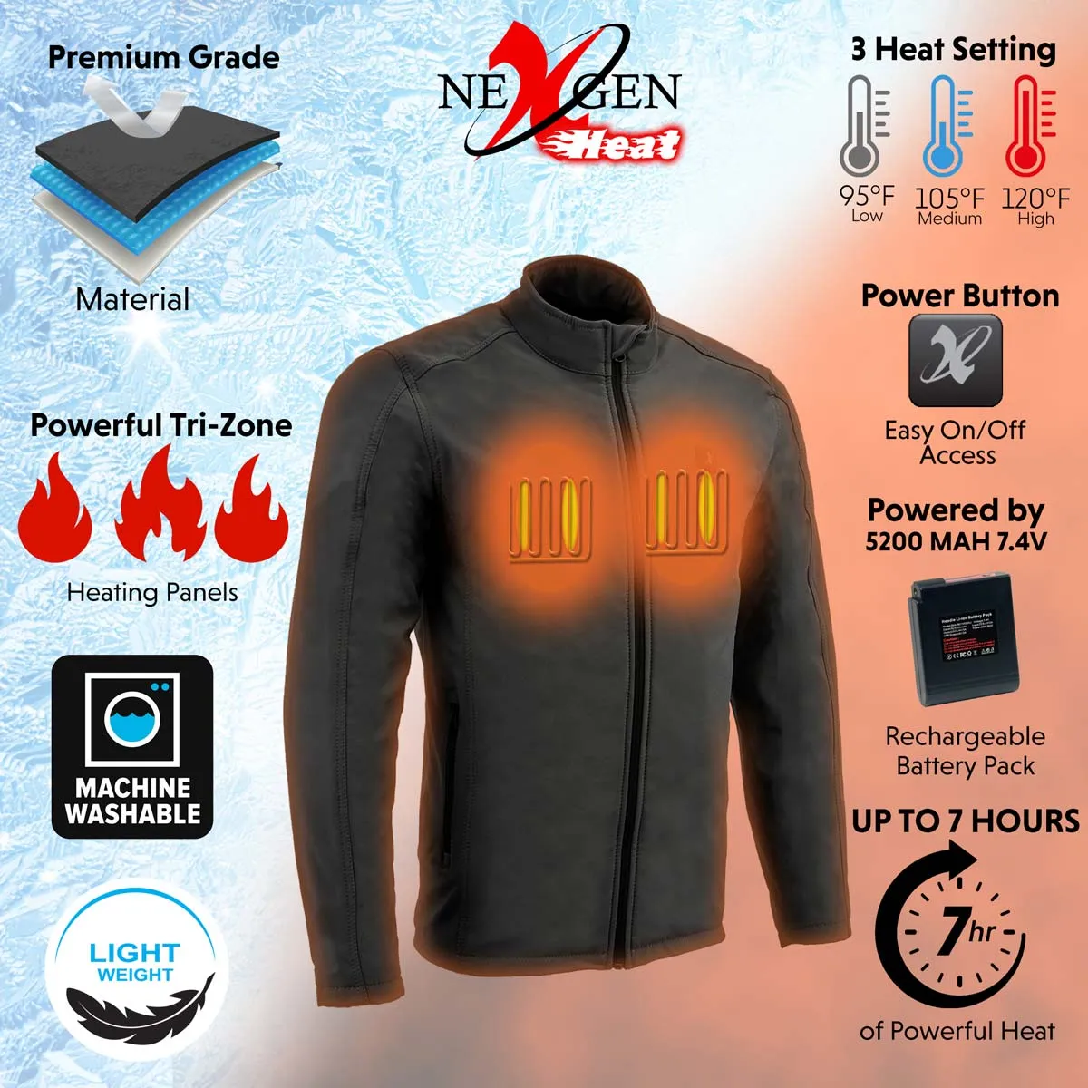 Nexgen Heat NXM1762SET Mens Soft Shell Heated Jacket - Grey Standup Collar Jacket for Winter with Battery Pack