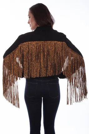 Nocturnal Leopard Fringe Black Denim Jacket (DS)