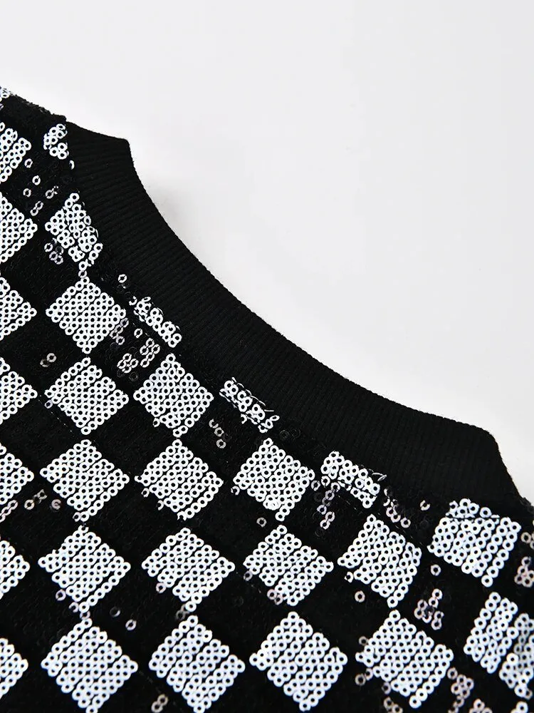 Pre Order:  Checkerboard Sequined Round Neck Sweatshirt