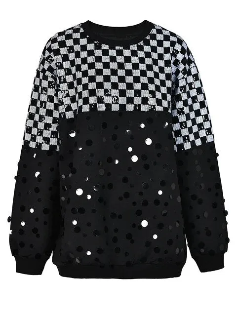 Pre Order:  Checkerboard Sequined Round Neck Sweatshirt