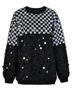 Pre Order:  Checkerboard Sequined Round Neck Sweatshirt