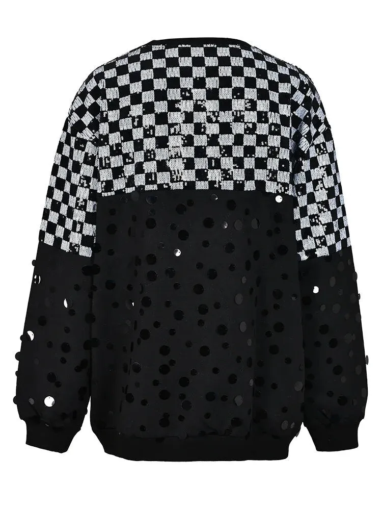 Pre Order:  Checkerboard Sequined Round Neck Sweatshirt