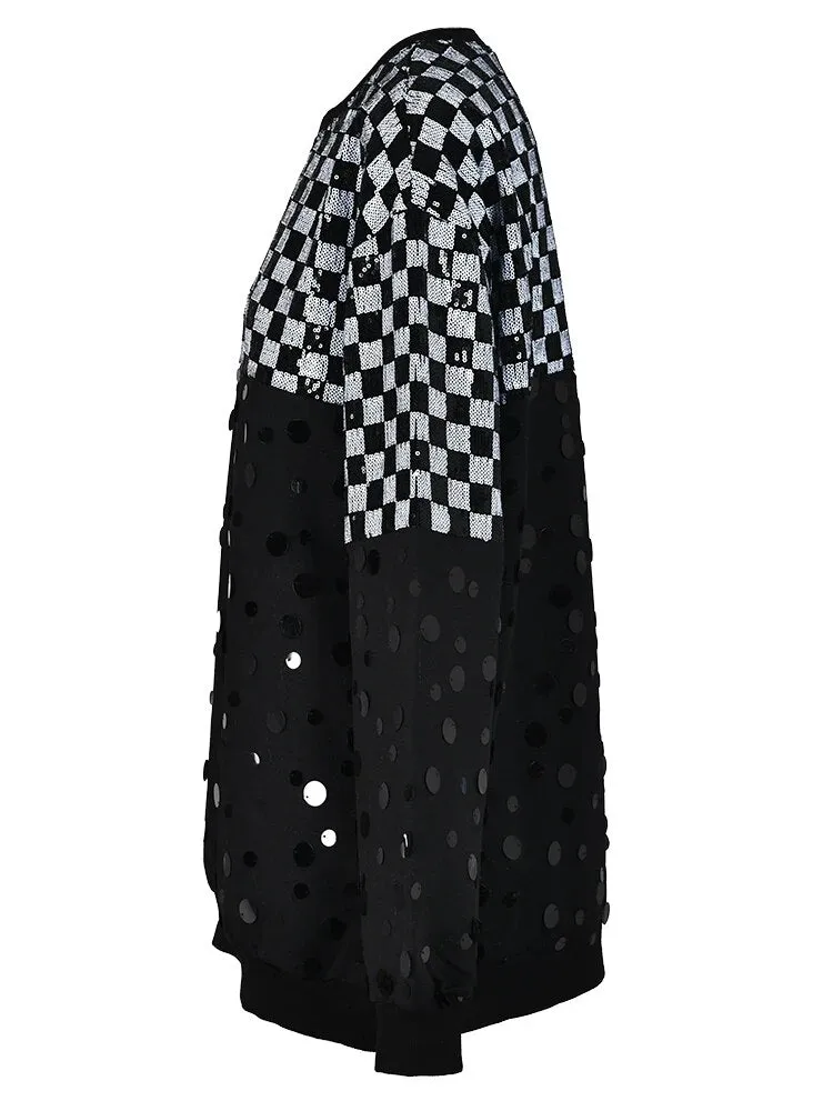 Pre Order:  Checkerboard Sequined Round Neck Sweatshirt