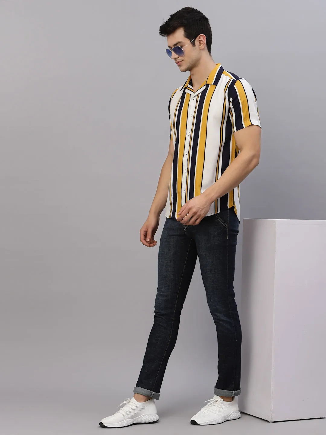 Striped Cuban Collar Half Sleeve Shirt